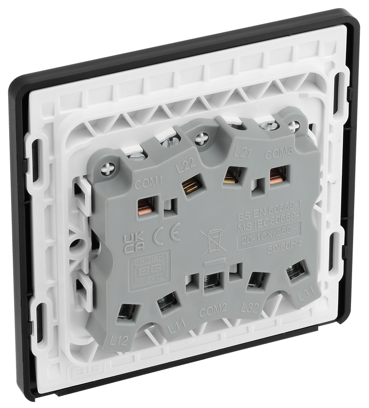 PCDBC43B Back - This Evolve Black Chrome 20A 16AX triple light switch from British General can operate 3 different lights, whilst the 2 way switching allows a second switch to be added to the circuit to operate the same light from another location (e.g. at the top and bottom of the stairs).