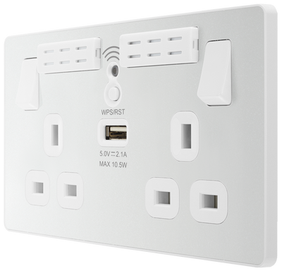 BG PCDCL22UWRW Pearlescent White Evolve 2 Gang 13A 1x USB-A 2.1A Wi-FI Extender Switched Socket Outlet - White Insert