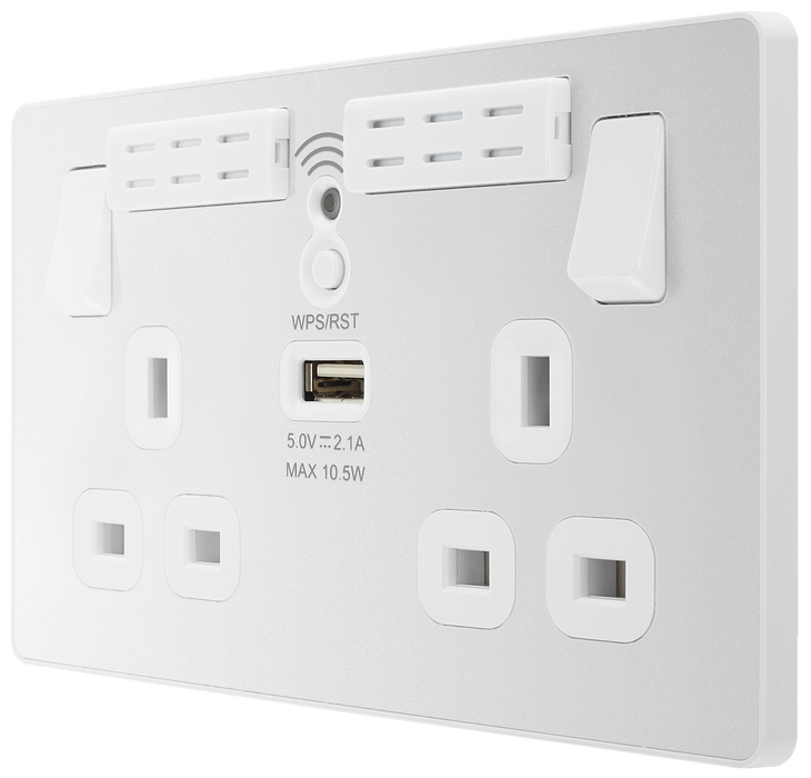 PCDCL22UWRW Side - This Evolve pearlescent white 13A double power socket with integrated Wi-Fi Extender from British General will eliminate dead spots and expand your Wi-Fi coverage.