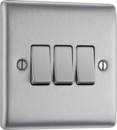 BG NBS43 Nexus Metal Brushed Steel 3 Gang 10A 10AX 2 Way Plate Switch