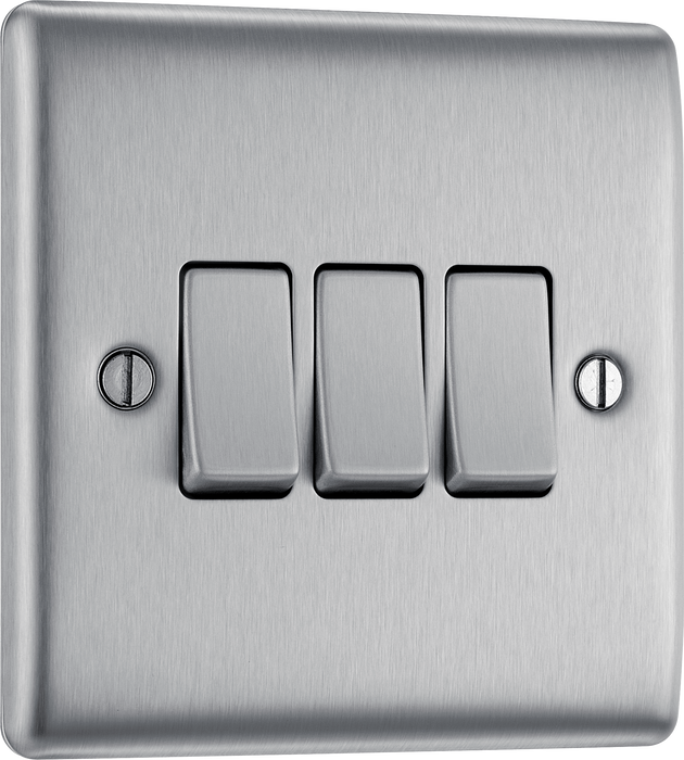 NBS43 Front - This brushed steel finish 20A 16AX triple light switch from British General can operate 3 different lights whilst the 2 way switching allows a second switch to be added to the circuit to operate the same light from another location (e.g. at the top and bottom of the stairs).