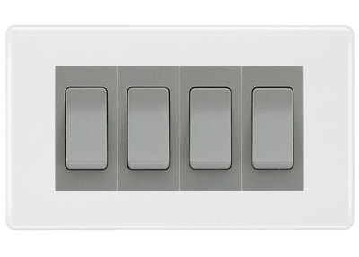 BG White Moulded 4-Gang Light Switch 3x 2-Way + 1x Intermediate – Grey Inserts