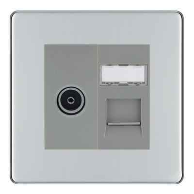 BG Screwless Polished Chrome TV Aerial & RJ45 CAT6 Data Socket - Grey Insert by British General