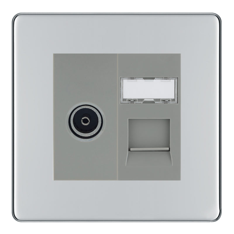 BG Screwless Polished Chrome TV Aerial & RJ45 CAT6 Data Socket - Grey Insert