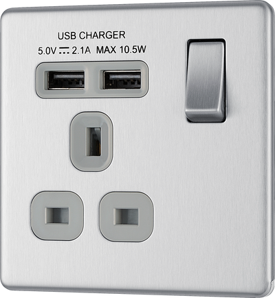 FBS21U2G Front - This completely screwless and slimline flat plate 13A single power socket from British General comes with two USB charging ports allowing you to plug in an electrical device and charge mobile devices simultaneously without having to sacrifice a power socket.