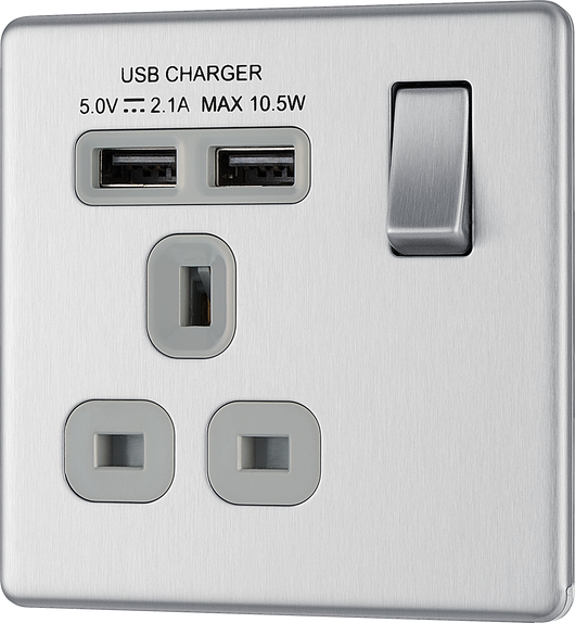 FBS21U2G Front - This completely screwless and slimline flat plate 13A single power socket from British General comes with two USB charging ports allowing you to plug in an electrical device and charge mobile devices simultaneously without having to sacrifice a power socket.