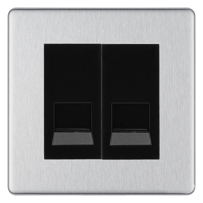BG Screwless Brushed Steel Double Master Telephone Socket – Black Insert