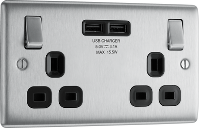 BG NBS22U3B Nexus Metal Brushed Steel 2 Gang 13A 2x USB-A 3.1A Switched Socket - Black Insert