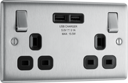 BG NBS22U3B Nexus Metal Brushed Steel 2 Gang 13A 2x USB-A 3.1A Switched Socket - Black Insert by British General (BG-NBS22U3B-Shopify-SA_1)