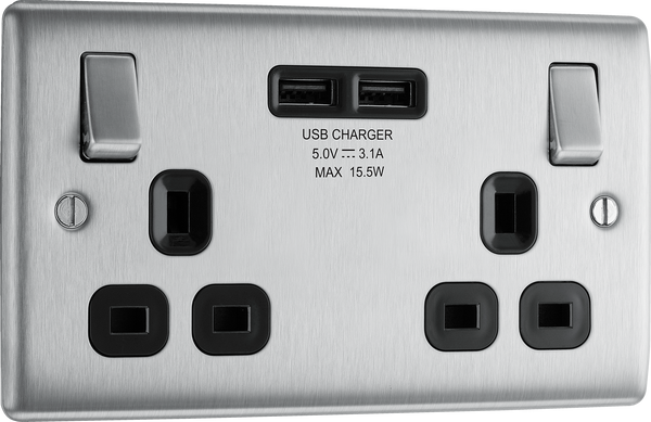 NBS22U3B Front - This 13A double power socket from British General comes with two USB charging ports allowing you to plug in an electrical device and charge mobile devices simultaneously without having to sacrifice a power socket.