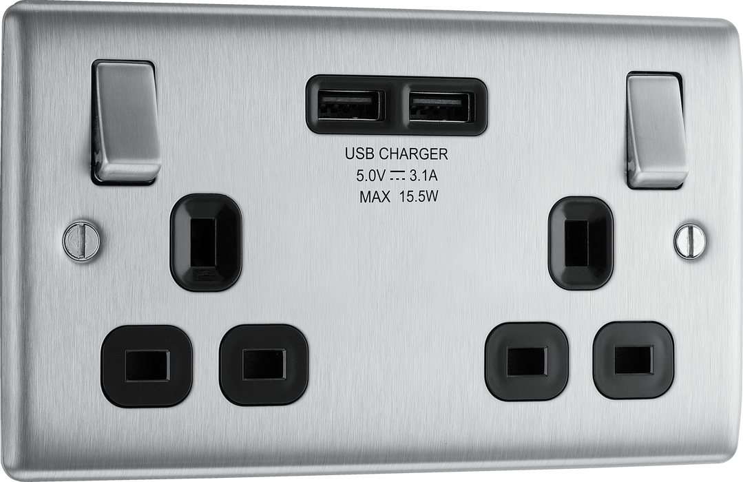 NBS22U3B Front - This 13A double power socket from British General comes with two USB charging ports allowing you to plug in an electrical device and charge mobile devices simultaneously without having to sacrifice a power socket.