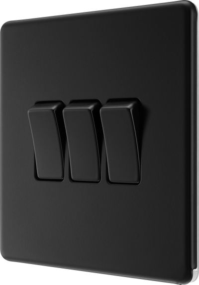 BG Nexus Flatplate Screwless Matt Black Triple Light Switch FFB43 20 Amp by British General (BG-FFB43-1)