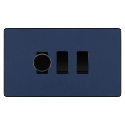 BG Evolve Matt Blue 3 Gang Light Switch Grid – 1x Trailing-Edge LED Dimmer, 1x Intermediate, 1x 2-Way Switch by British General (BG-Evolve-DB-3G-1x-Dimmer-1x-INT-1x-2Way)