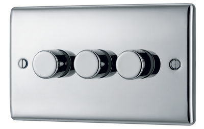 BG NPC83 Nexus Metal Polished Chrome 3 Gang 200W 2 Way Trailing Edge Push Type Dimmer Switch