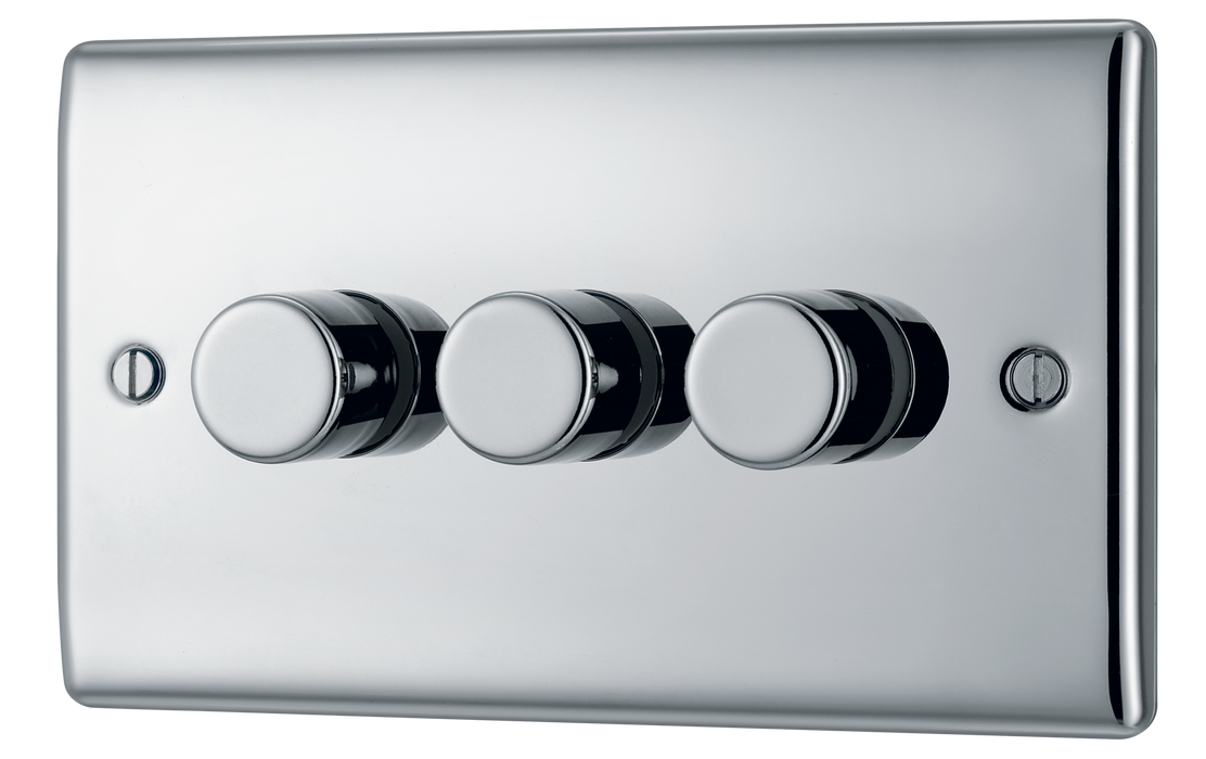 NPC83 Front - This trailing edge triple dimmer switch from British General allows you to control your light levels and set the mood. The intelligent electronic circuit monitors the connected load and provides a soft-start with protection against thermal.