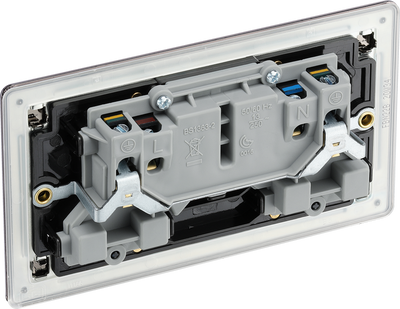 FBN22B Back - This Screwless Flat plate black nickel finish 13A double switched socket from British General has a sleek flat profile that clips on and off for a screwless premium finish, with no visible plastic around the switches.