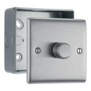 BG Nexus Brushed Steel 200W 2-Way Single Trailing Edge Push Dimmer & Surface Pattress Back Box by British General (BG-NBS81+MC501)
