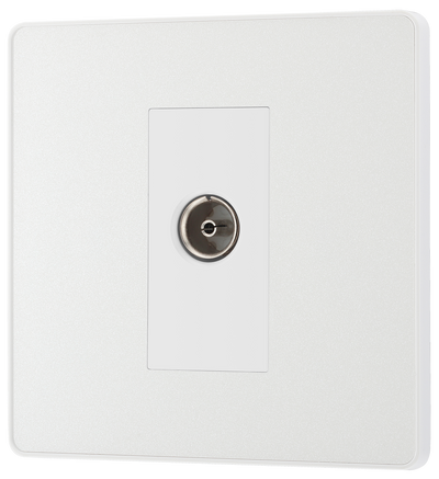  PCDCL60W Front - This Evolve pearlescent white single coaxial socket from British General can be used for TV or FM aerial connections. This socket has a low profile screwless flat plate that clips on and off, making it ideal for modern interiors.