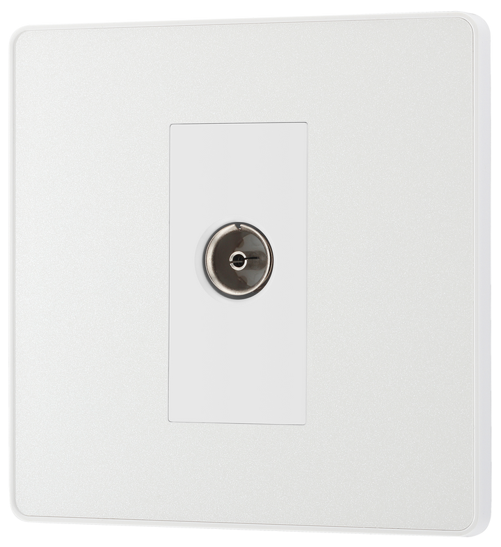  PCDCL60W Front - This Evolve pearlescent white single coaxial socket from British General can be used for TV or FM aerial connections. This socket has a low profile screwless flat plate that clips on and off, making it ideal for modern interiors.