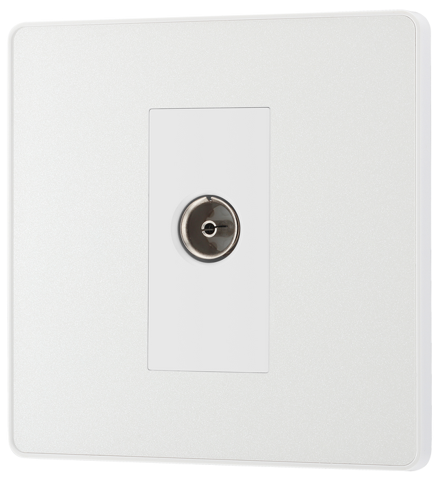  PCDCL60W Front - This Evolve pearlescent white single coaxial socket from British General can be used for TV or FM aerial connections. This socket has a low profile screwless flat plate that clips on and off, making it ideal for modern interiors.