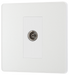  PCDCL60W Front - This Evolve pearlescent white single coaxial socket from British General can be used for TV or FM aerial connections. This socket has a low profile screwless flat plate that clips on and off, making it ideal for modern interiors.