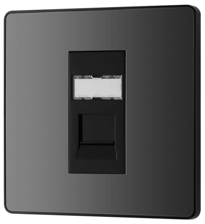 PCDBCRJ451B Front - This Evolve Black Chrome RJ45 ethernet socket from British General uses an IDC terminal connection and is ideal for home and office, providing a networking outlet with ID window for identification.