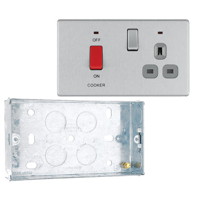 BG Screwless Brushed Steel 45 Amp Cooker Control Unit c/w Neon FBS70G with 25mm Steel Back Box by British General (BG-FBS70G+HGS04)