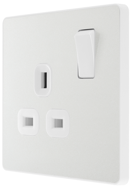 PCDCL21W Side - This Evolve pearlescent white 13A single switched socket from British General has been designed with angled in line colour coded terminals and backed out captive screws for ease of installation, and fits a 25mm back box making it an ideal retro-fit replacement for existing sockets.