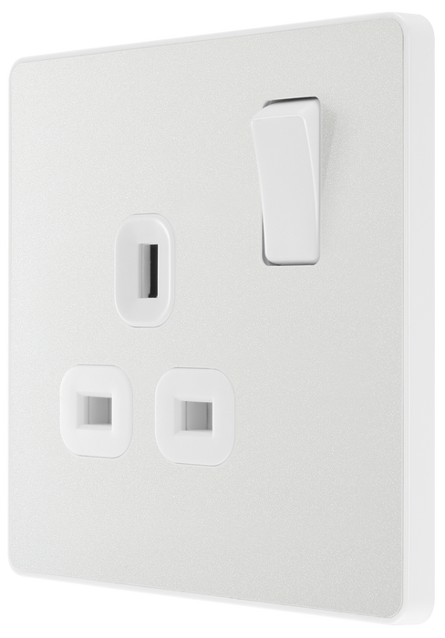 PCDCL21W Side - This Evolve pearlescent white 13A single switched socket from British General has been designed with angled in line colour coded terminals and backed out captive screws for ease of installation, and fits a 25mm back box making it an ideal retro-fit replacement for existing sockets.