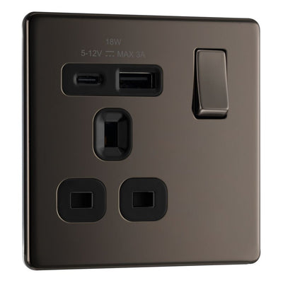 BG FBN21UAC18B Nexus Screwless Flatplate | Black Nickel | 1 Gang 13A 1 Pole 1x USB-A 1x USB-C | Switched Single Socket
