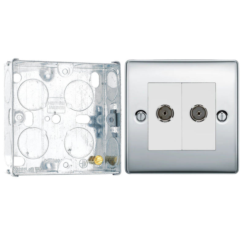 BG Nexus Polished Chrome Double Isolated Coaxial Socket NPC63 with 25mm Steel Back Box