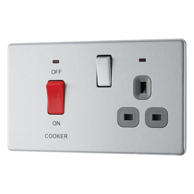 BG Screwless Brushed Steel 45 Amp Cooker Control Unit c/w Neon FBS70G with 25mm Steel Back Box