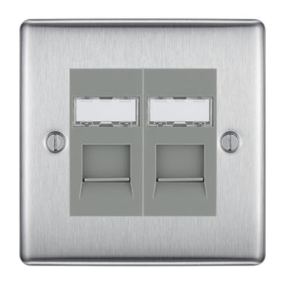 BG Nexus Metal Brushed Steel 2 Gang RJ45 Data Socket NBSRJ452G Grey Inserts by British General