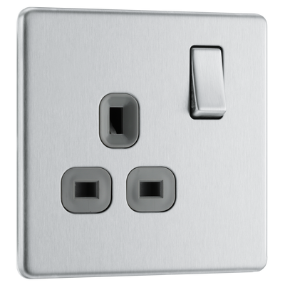 BG Electrical FBS21G Nexus Screwless Flat-Plate Single Switched Plug Socket Brushed Steel Grey Insert 13A by British General (BG-FBS21G-Shopify-SA_1)