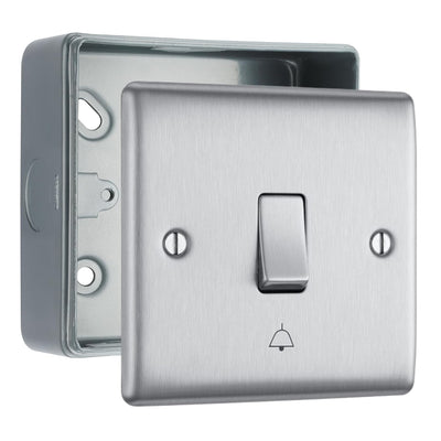 BG Nexus Metal Brushed Steel 10AX Bell Push Switch & Surface Pattress Back Box by British General (BG-NBS14+MC501)