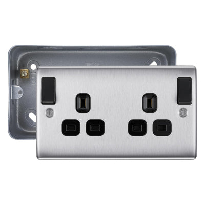BG Nexus Metal Brushed Steel 13A DP Outboard Switched Socket & Surface Pattress Back Box by British General (BG-NBS22DPOBB+MC502)