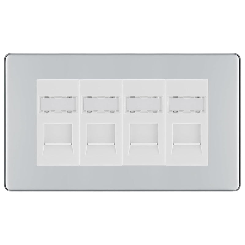 BG Screwless Polished Chrome 4 Gang RJ45 Cat6 Data Socket Outlet White Inserts