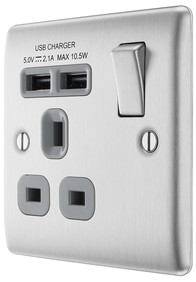 NEWLEC BRITISH GENERAL NBS21U2G NEXUS METAL BRUSHED STEEL 1 GANG 13A 2X USB-A 2.1A SWITCHED SOCKET