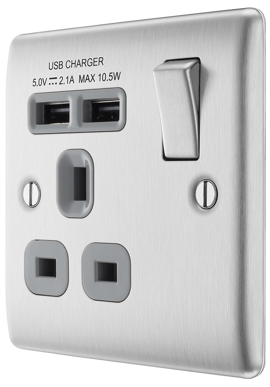 NEWLEC BRITISH GENERAL NBS21U2G NEXUS METAL BRUSHED STEEL 1 GANG 13A 2X USB-A 2.1A SWITCHED SOCKET