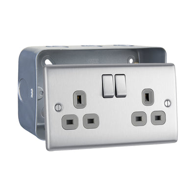 Brushed Steel 2 Gang 13A Switched Double Socket & Surface Pattress Back Box by British General (BG-NBS22G+MC502)