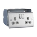 Brushed Steel 2 Gang 13A Switched Double Socket & Surface Pattress Back Box