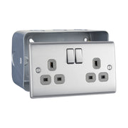 Brushed Steel 2 Gang 13A Switched Double Socket & Surface Pattress Back Box by British General (BG-NBS22G+MC502)
