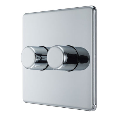 BG Screwless Polished Chrome 200W 2 Way Double Trailing Edge Dimmer Switch FPC82 with 25mm Steel Back Box