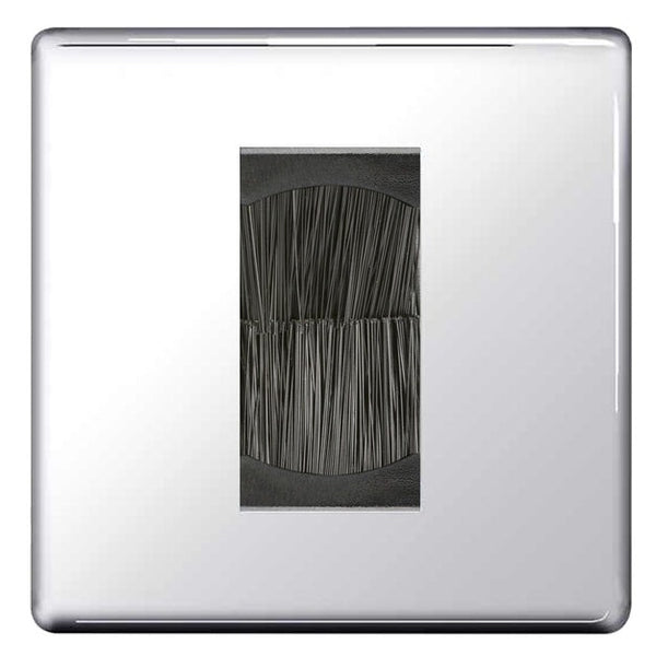 BG Screwless Polished Chrome Single 1 Gang Brush Cable Wall Plate TV Black