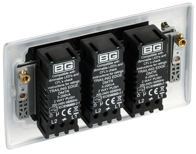 BG NPC83 Nexus Metal Polished Chrome 3 Gang 200W 2 Way Trailing Edge Push Type Dimmer Switch