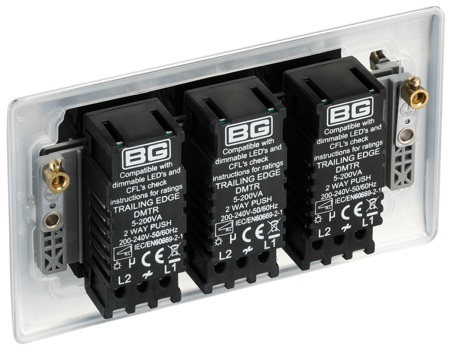 NPC83 Back - This trailing edge triple dimmer switch from British General allows you to control your light levels and set the mood. The intelligent electronic circuit monitors the connected load and provides a soft-start with protection against thermal.