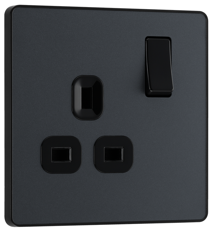 PCDMG21B Front - This Evolve Matt Grey 13A single switched socket from British General has been designed with angled in line colour coded terminals and backed out captive screws for ease of installation, and fits a 25mm back box making it an ideal retro-fit replacement for existing sockets.