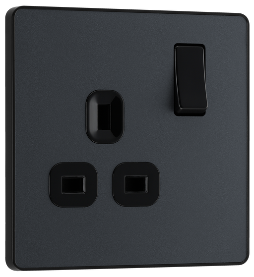 PCDMG21B Front - This Evolve Matt Grey 13A single switched socket from British General has been designed with angled in line colour coded terminals and backed out captive screws for ease of installation, and fits a 25mm back box making it an ideal retro-fit replacement for existing sockets.