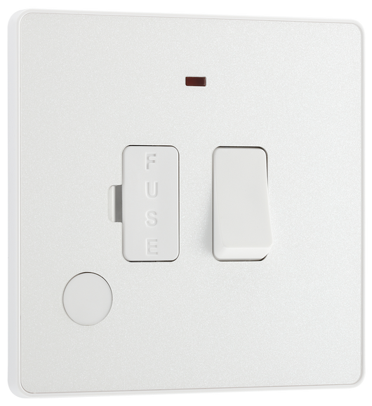 PCDCL52W Front - This Evolve pearlescent white 13A fused and switched connection unit from British General with power indicator provides an outlet from the mains containing the fuse, ideal for spur circuits and hardwired appliances.