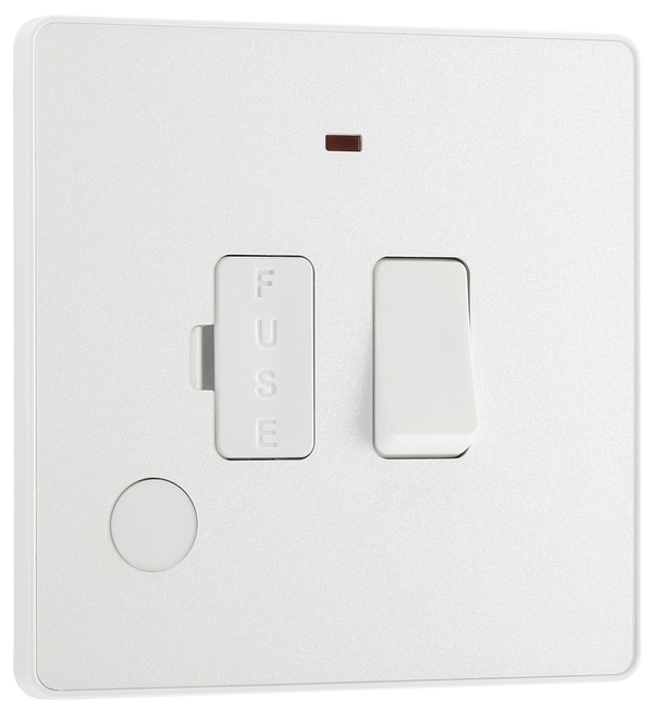 PCDCL52W Front - This Evolve pearlescent white 13A fused and switched connection unit from British General with power indicator provides an outlet from the mains containing the fuse, ideal for spur circuits and hardwired appliances.